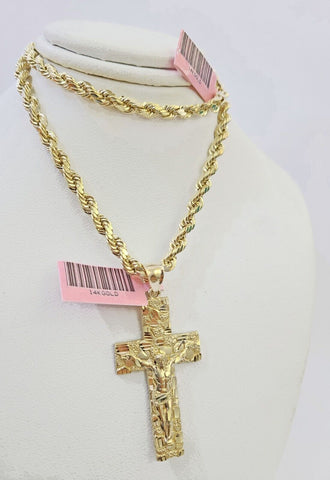 14k Yellow Gold Rope Chain Cross Pendant Charm SET 4mm 22 Inch Necklace REAL
