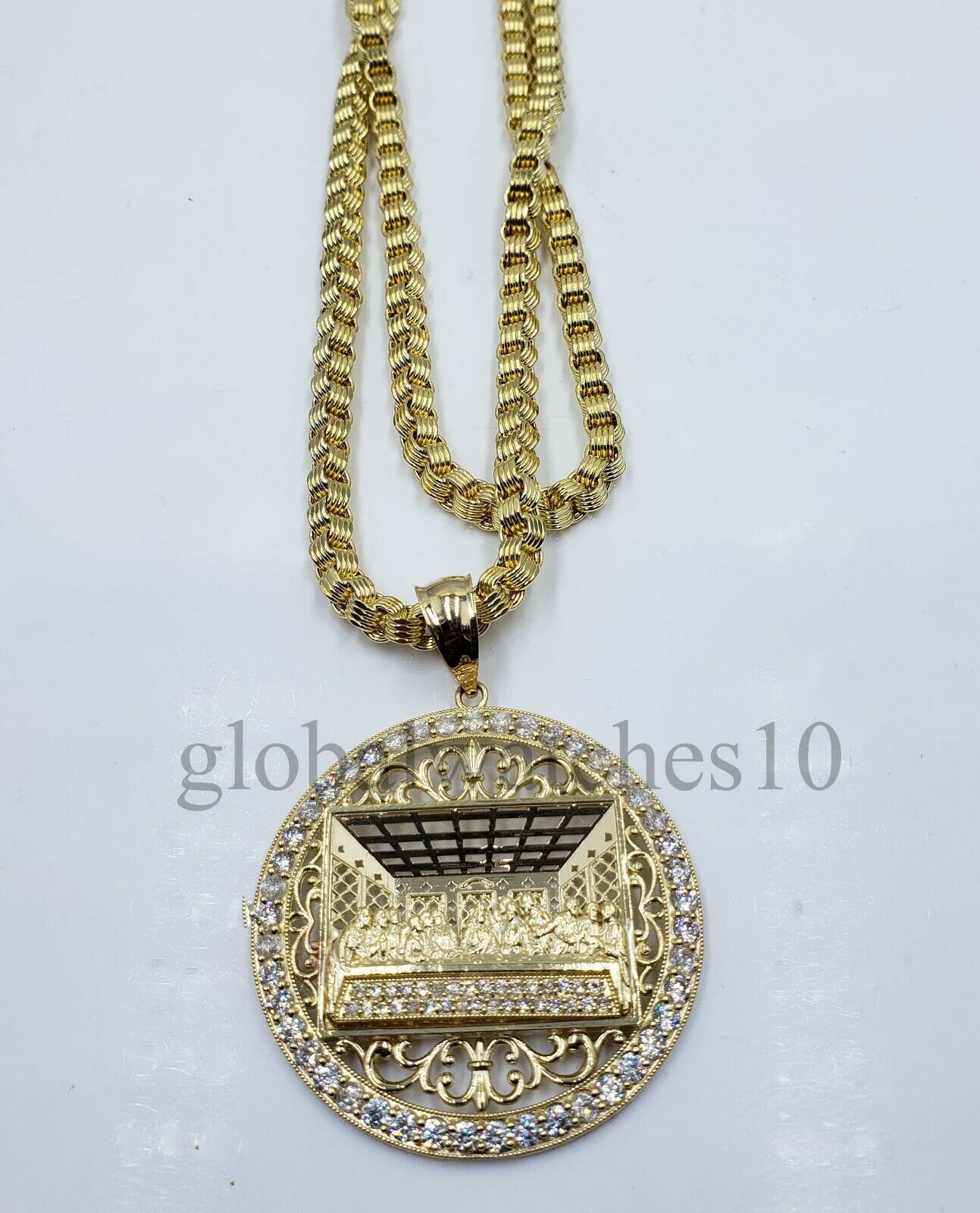 REAL 10k Gold last Supper Pendant Charm Men 10k Byzantine Rope Cuban chain Set