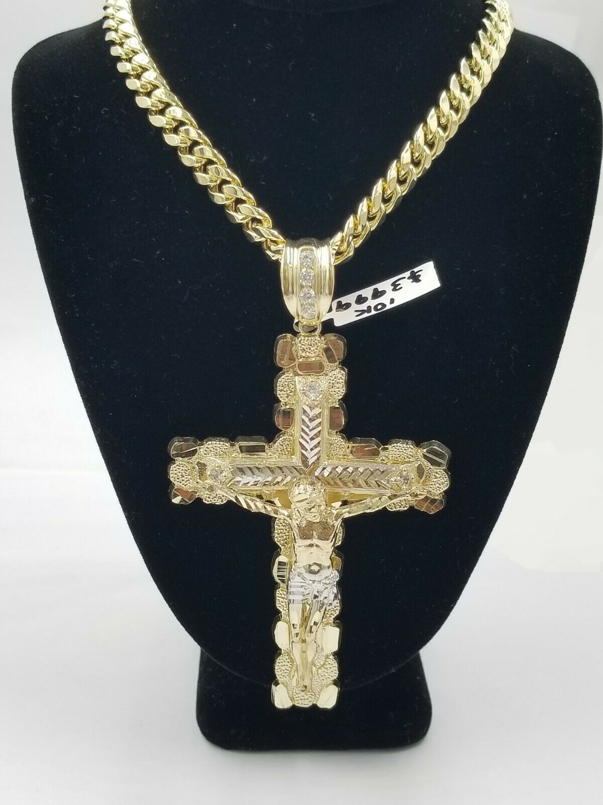 Real 10k Yellow Gold Men Jesus Cross Charm with Miami Cuban Chain in Diamond Cut