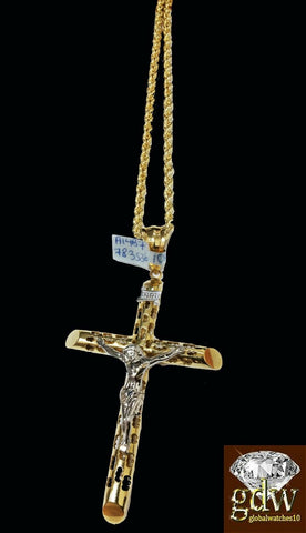 Real 10k Yellow & White Gold Jesus Charm/Pendant with 4mm, 28 Inch Rope Chain.