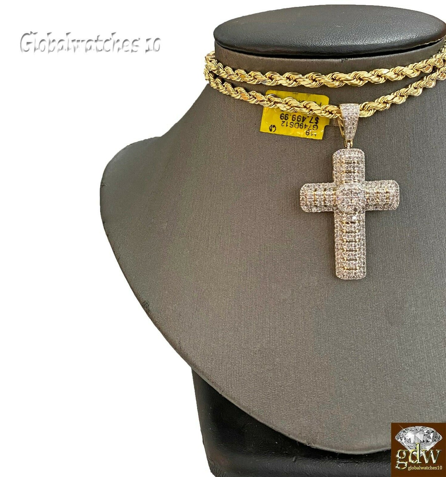 Real Diamond Cross with Solid 10k Rope Chain 20 22 24 26 28 inch, vs full cut