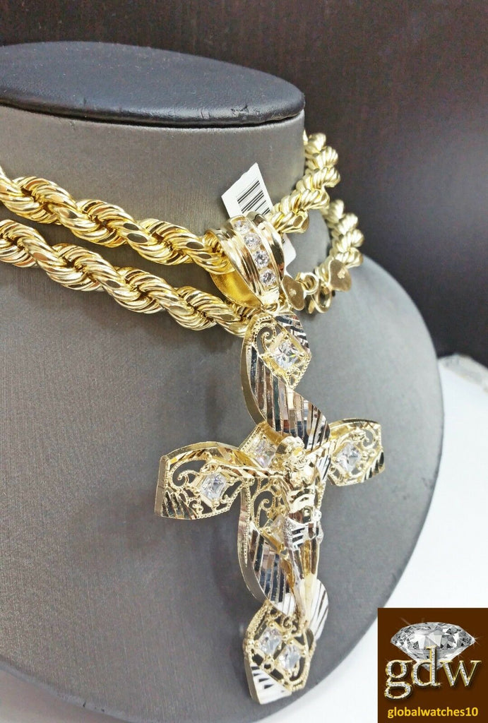Real 10k Yellow Gold Men's Jesus Cross Charm/Pendant with 26 Inches Rope Chain.