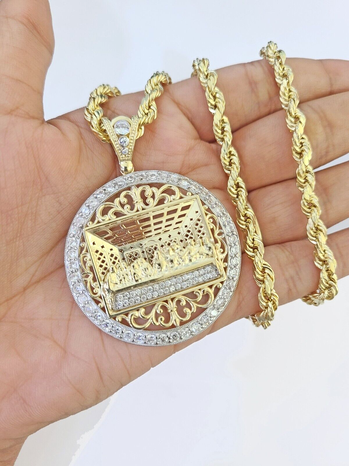 10k Gold Rope Chain Last Supper Charm Pendent SET 5mm 26 Inches