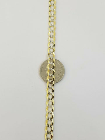 14K SOLID Yellow Gold Cuban Link Bracelet Diamond Cut, Two tone Lobster Lock