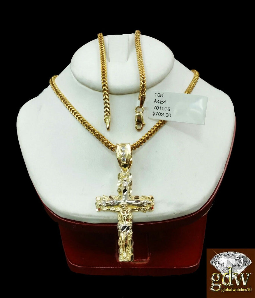 10k Gold Franco chain 20" 10k cross pendant Set REAL 10k Yellow Necklace Charm