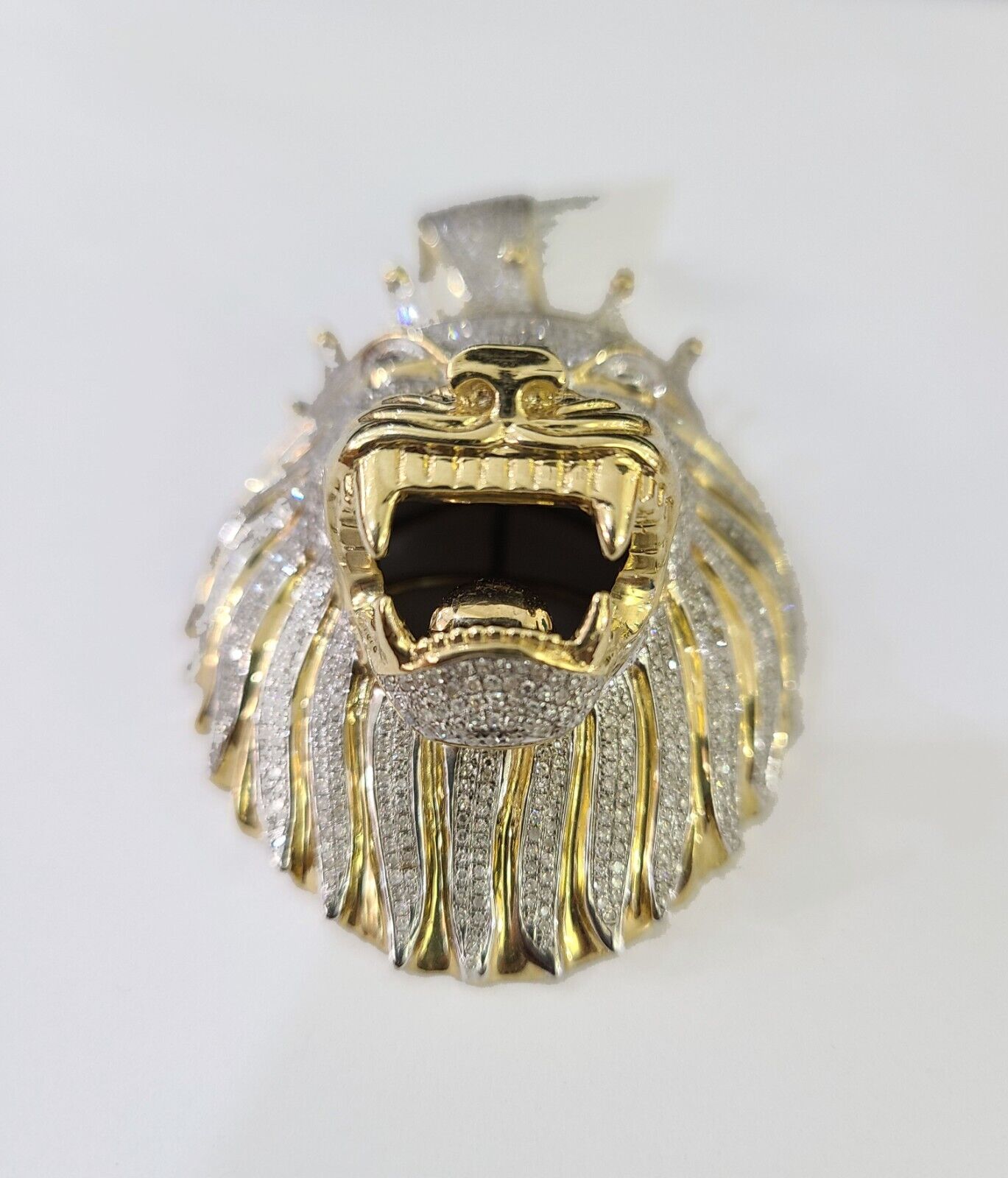 Real 10K Roaring Lion Head Pendant Made With Yellow Gold and Genuine Diamonds