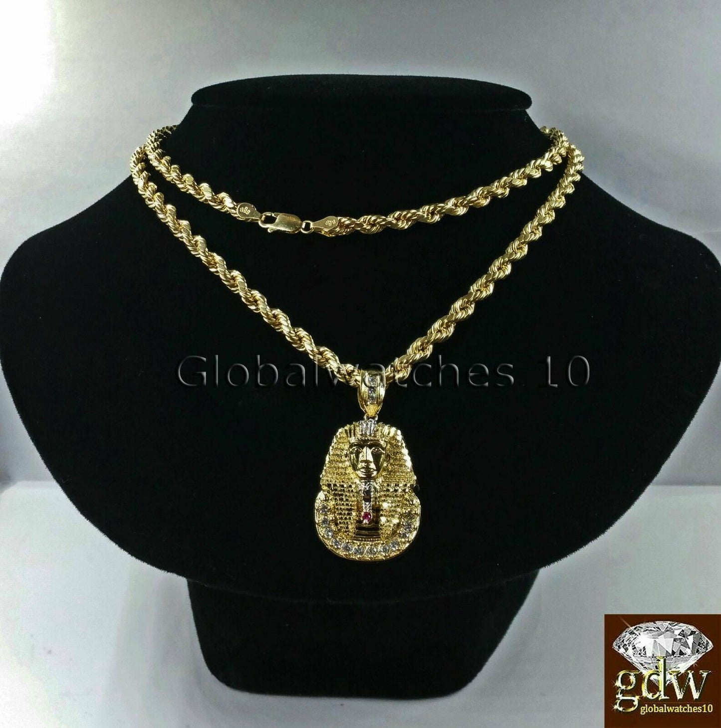 10k Gold Rope Necklace Chain 18-22 Inch With Egyptian Pharaoh Head Charm Pendant