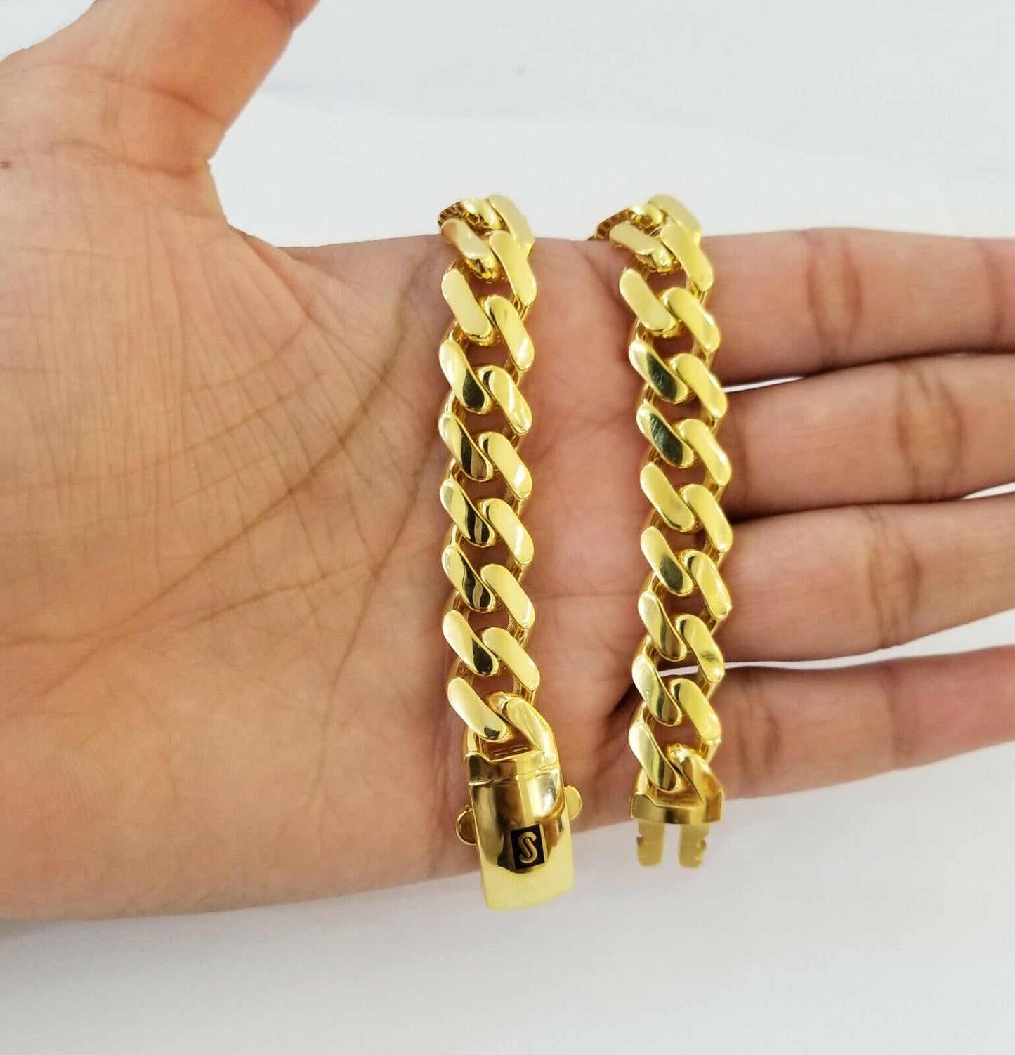 10k Gold Cuban Link Royal 11mm Monaco Chain And Bracelet 10kt Real Gold Set