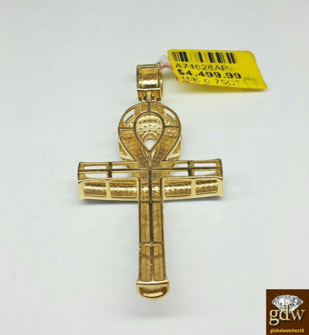 Real 10k Yellow Gold & Diamond Ankh Cross Charm/Pendant, 10K Rope Chain, Mens