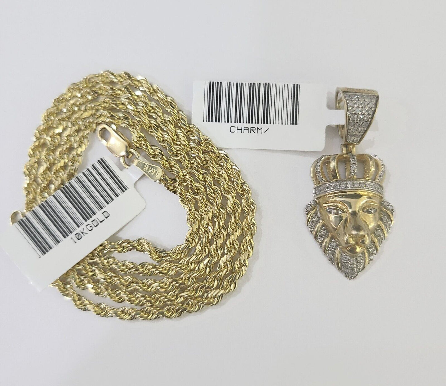 10k Gold Lion Head Diamond Charm and 2.5mm 18 Inches Rope Chain