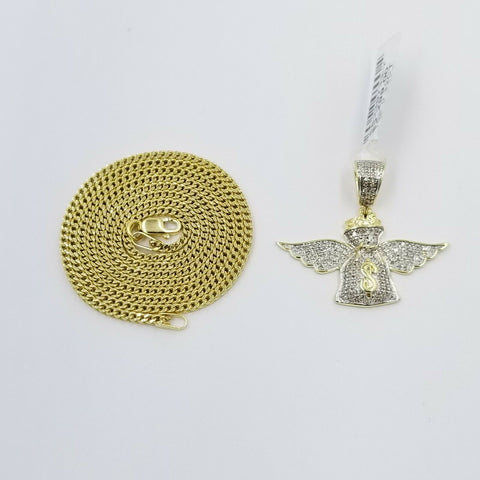 REAL 10k Yellow Gold Diamond Angel Wing Dollar Bag Pendant 3mm Franco Chain
