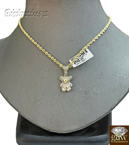 10k Gold Diamond Charm with Rope Chain in 20 22 24 26 inch Teddy Charm Pendant