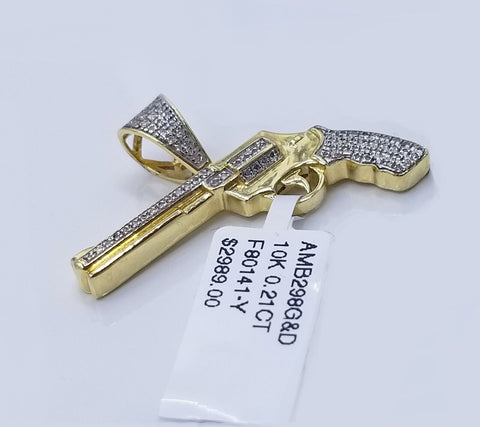 10K Yellow Gold Real Diamond Military Gun Pendant 1 Inch Gun Charm
