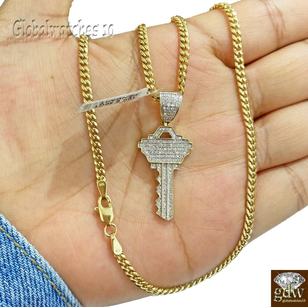 10k Gold Key to the City Charm Pendant with Miami Cuban Chain 20 22 24 26 inch
