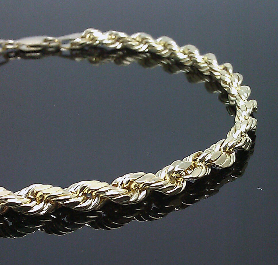 Real 10k Yellow Gold Rope Bracelet 4mm 7.5 Inch Men women Real diamond Cut