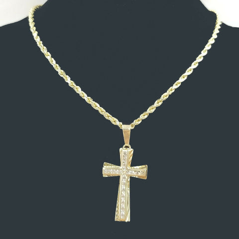 REAL 10k Yellow Gold Rope Chain Cross Charm 18" 20" 22" 24"