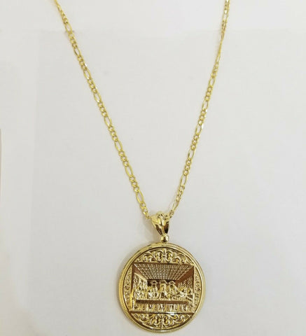 10k yellow gold round last supper charm with 22inch figro chain, 4mm Real 10kt