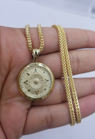 10k Real Yellow Gold Aztec Calendar Charm Pendant Men Women Diamond cut