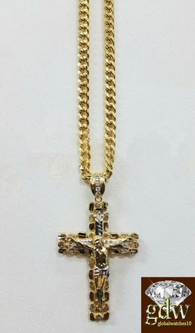 Real 10k Yellow Gold Jesus Cross Pendant 10k 22Inch  8mm Cuban Chain Box Lock