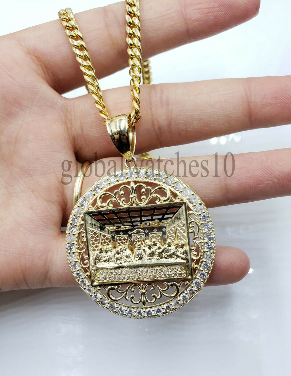 REAL 10k Gold last Supper Pendant Charm Men 10k Byzantine Rope Cuban chain Set