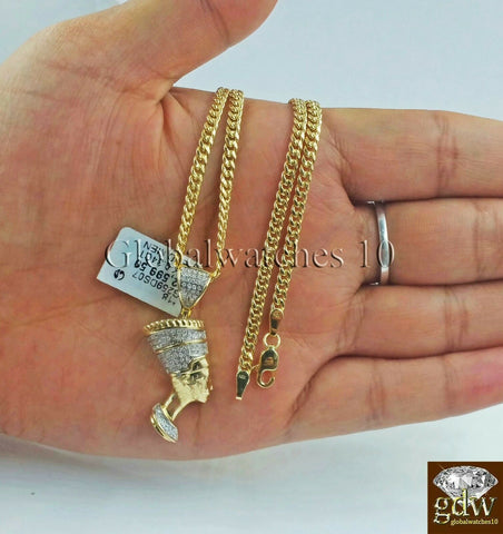 10k Gold Diamond Egyptian Queen Nefertiti Charm with 22"Inch Miami Cuban Chain