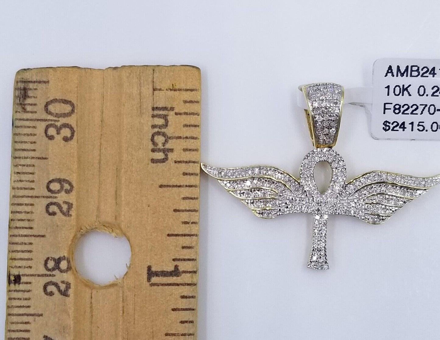 10K Yellow Gold Real Diamond Ankh Angel Wing Cross Pendent