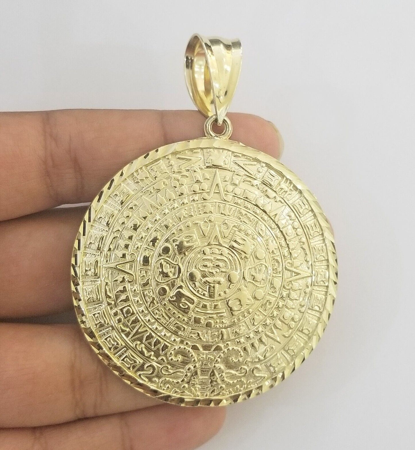 Real 10k Yellow Gold Pendant Circular Mayan Calendar Charm 2.5" SOLID 10kt