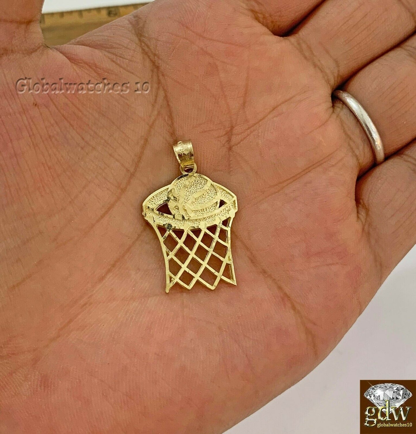 10k Gold Solid Men's Basket Ball Court Charm, Pendant with Diamond Cut, Real.