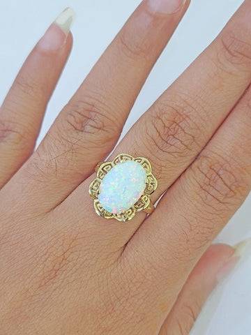 REAL 10K Yellow Gold Opal Ring Band Style Rings Women Genuine