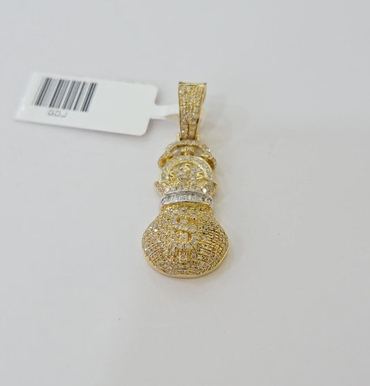 10K Yellow Gold Money Dollar Bag Charm Real Diamond 1" Gold Money Bag Pendant