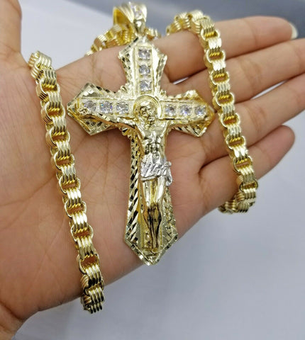 10k Gold Mens Byzantine Box Necklace 26" Cross Charm Pendant Jesus