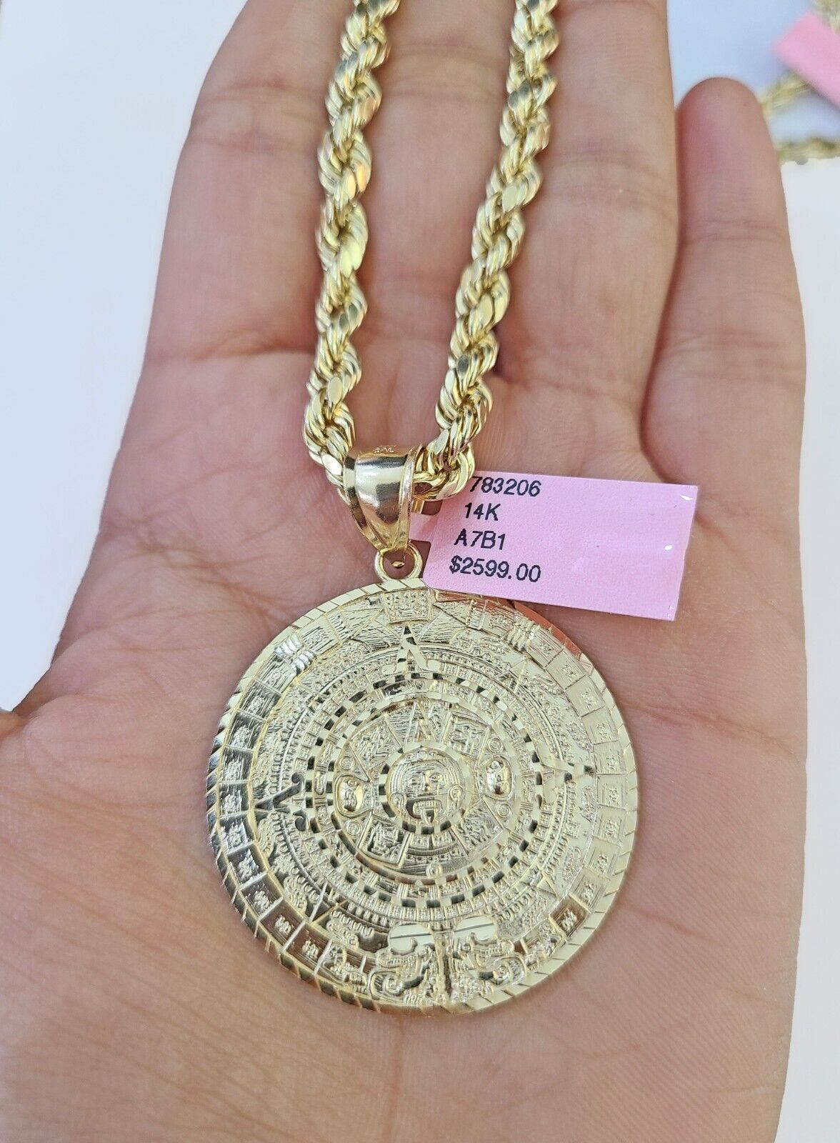 14k Yellow Gold Rope Chain & Mayan Calendar Charm SET 5mm 24 Inches Necklace