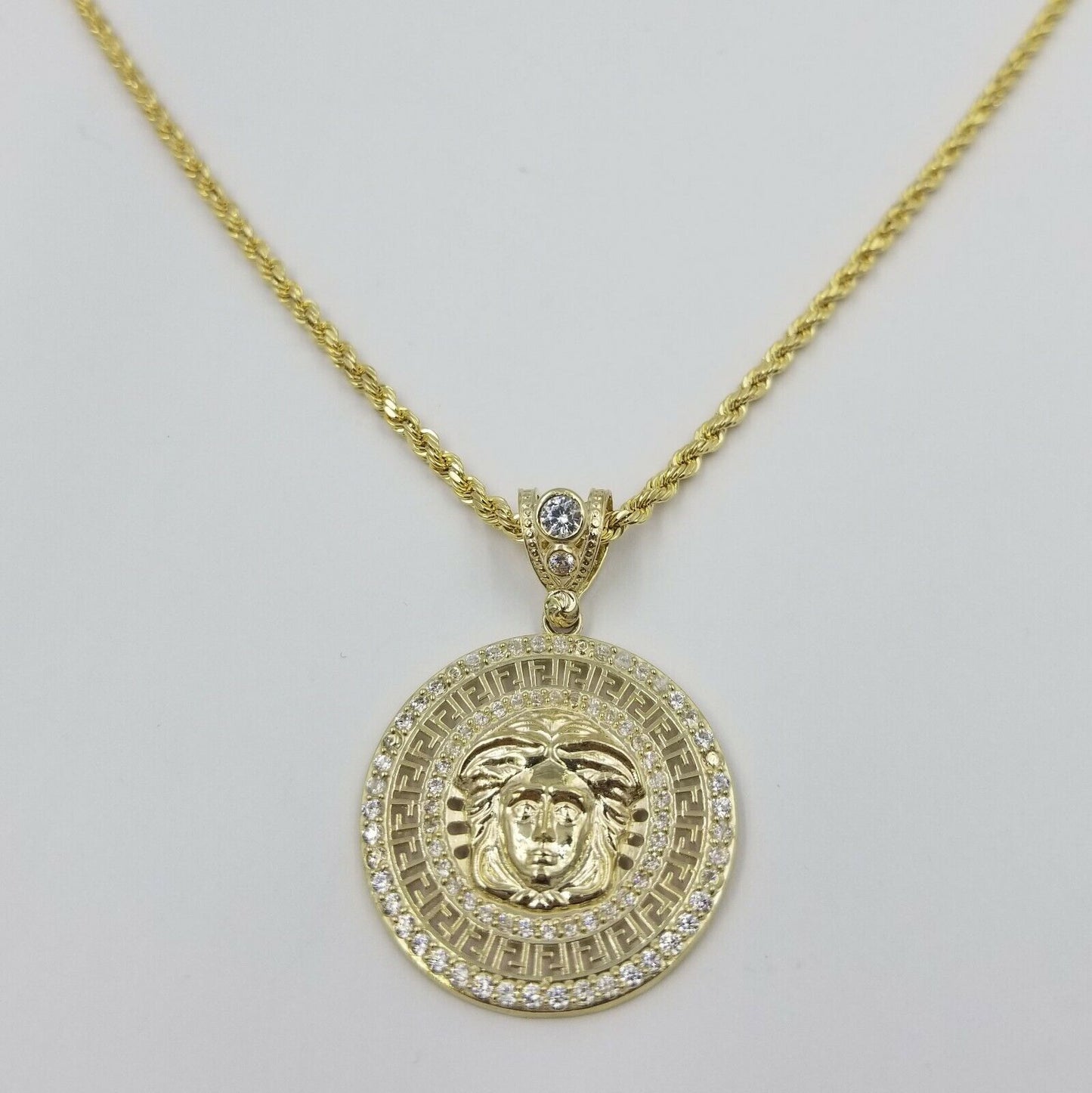 REAL 10k Yellow Gold Head Charm Pendent 3mm Rope Chain 20" 22" 24" Inch