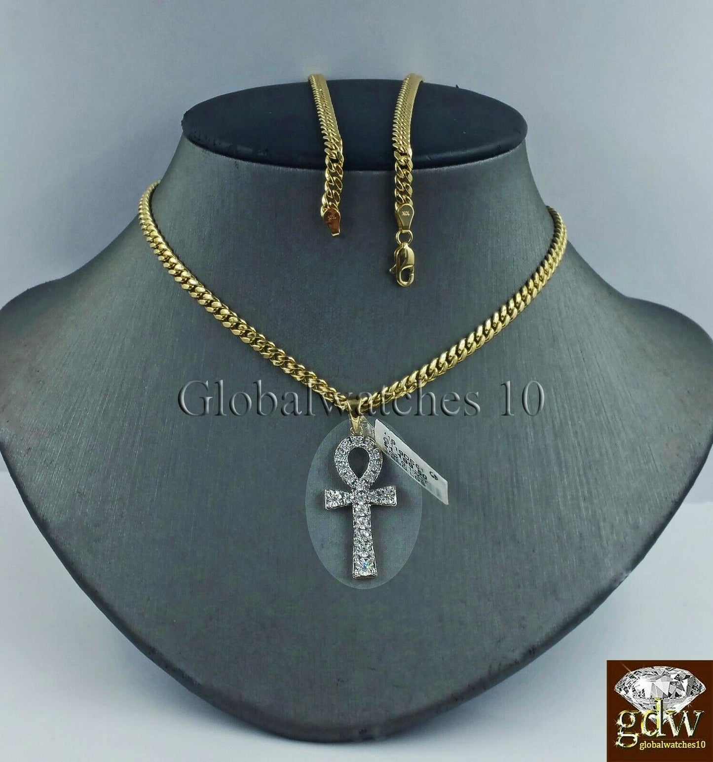 10k Gold Diamond Ankh Cross Charm with 26" Inch 3mm Miami Cuban Chain Jesus