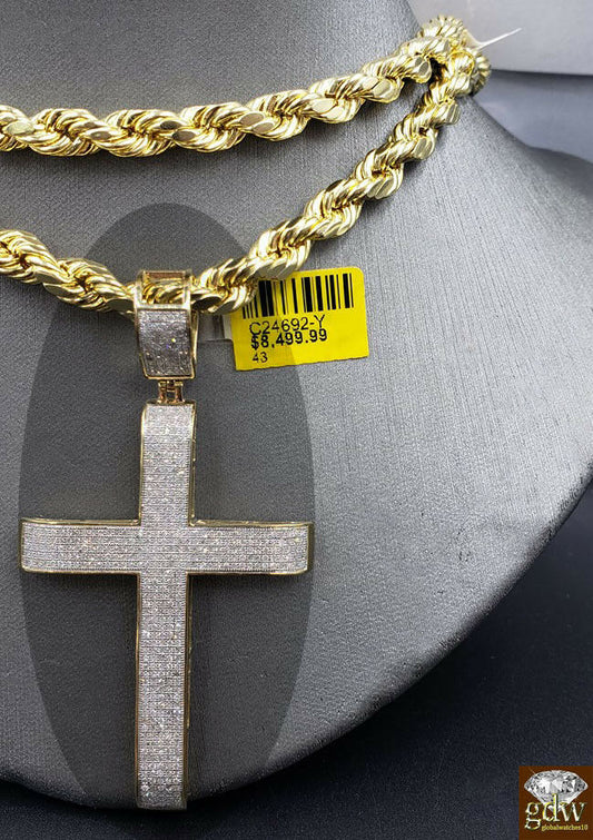 Real 10k Gold Rope Chain 28" 6mm & Genuine Diamond 1.52 CT Diamond Cross pendant