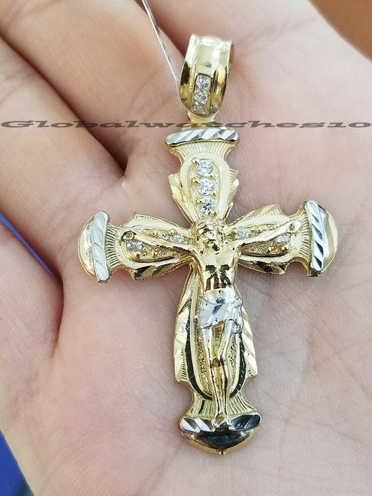 Men 10k Yellow Gold Jesus Cross pendant Charm Crucifix 2" Inch  Diamond Cut REAL