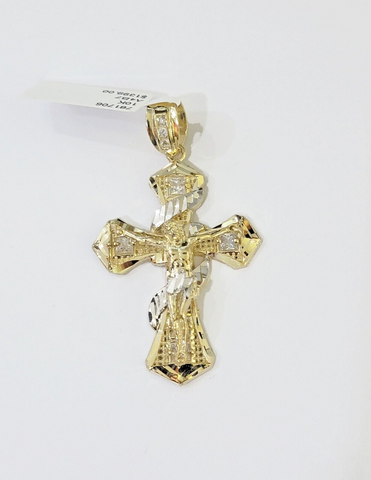 10k Yellow Gold Jesus Cross Spiral Charm Pendant Diamond Cut Crucifix 2"
