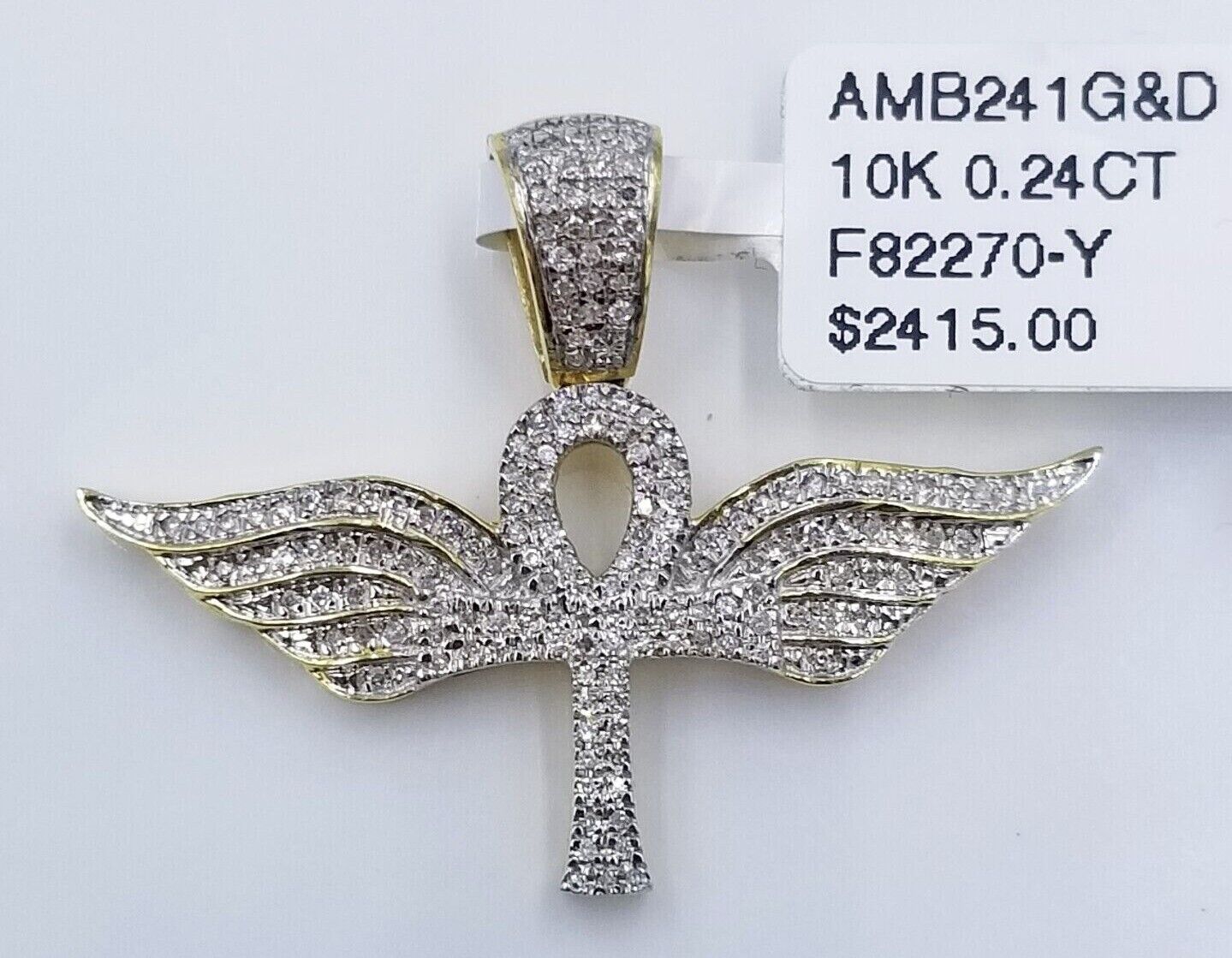 10K Yellow Gold Real Diamond Ankh Angel Wing Cross Pendent