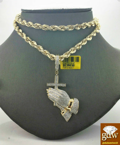 Real 10k Yellow Gold & Diamond Guardian Praying Hand with 24 Inches Rope Chain.