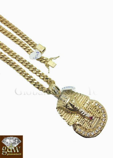 Real 10k Gold Egyptian Pharaoh Charm Chain 24 Inch Miami Cuban Necklace 7mm Mens