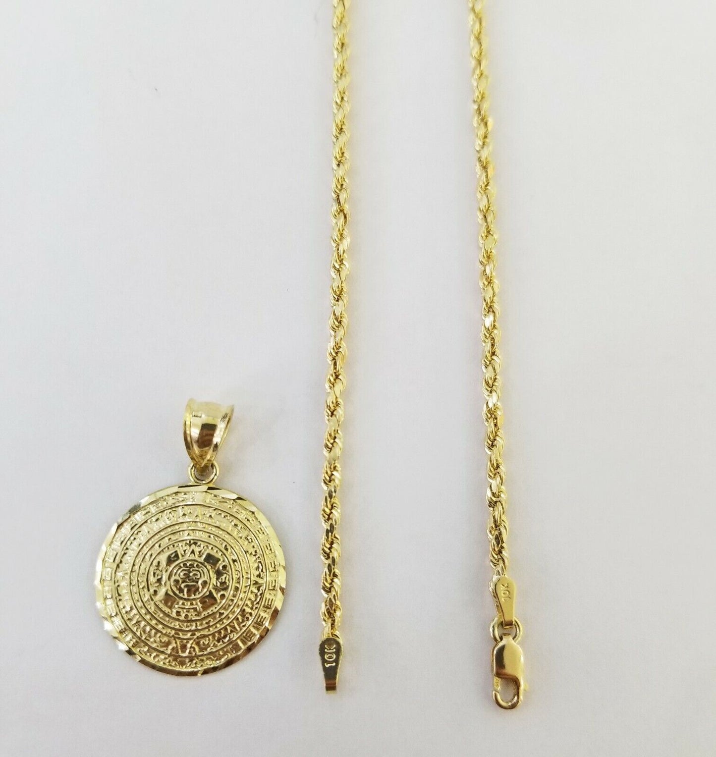 10k Yellow Gold Aztec Calendar charm 3mm rope chain Real Gold set