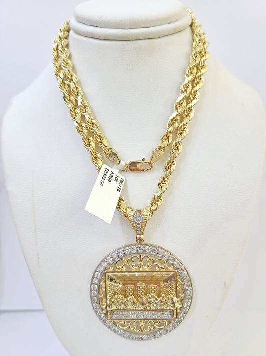 10k Gold Rope Chain Last Supper Charm Pendent SET 5mm 24 Inches