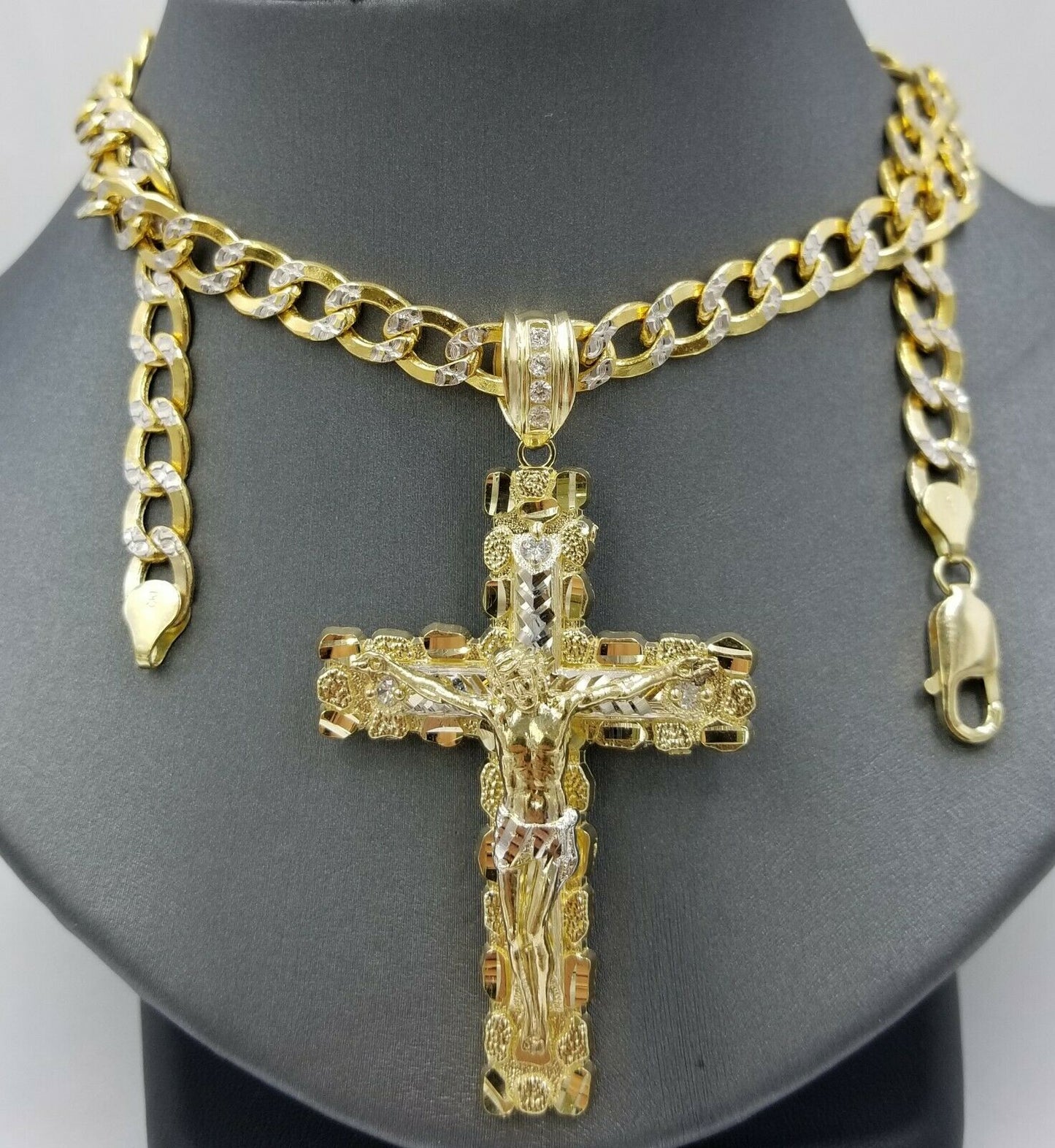 Real 10k Gold Cross And 10k Cuban Link 26" Necklace 3" Pendant Charm Chain Set