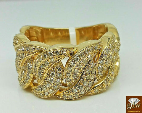 Solid 14k Yellow Gold Diamond Ring Band Cuban Style Men's, 1.28 CT Genuine Dia.