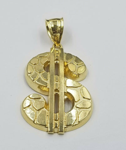 Real 10K Gold Dollar$ Charm Nugget Pendant with Miami Cuban Chain in 22 24 Inch