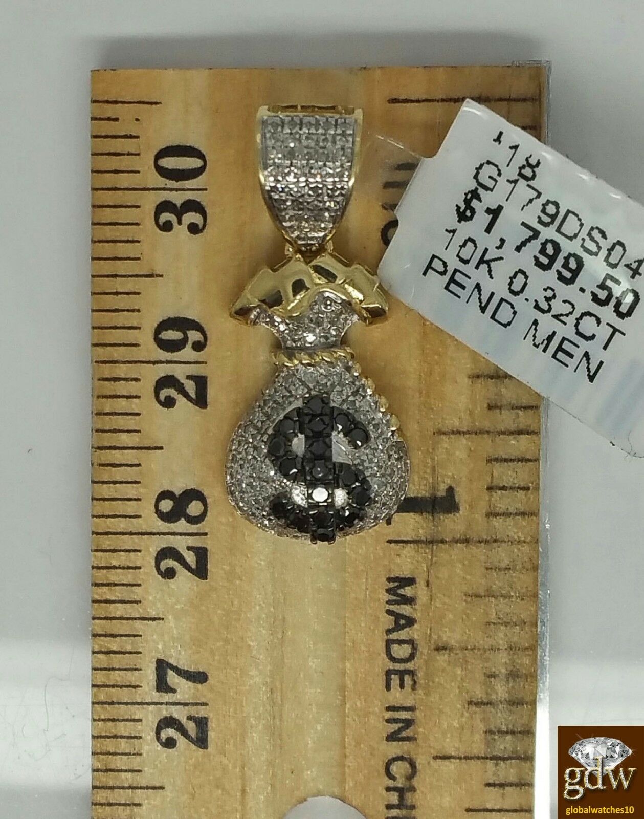 Real 10k Money Bag Charm With 0.32 CT Diamond Including 22" Inches rope Chain