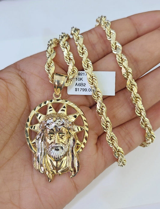 10k Gold Rope Chain & Jesus Head Charm SET 5mm 22 Inches Necklace