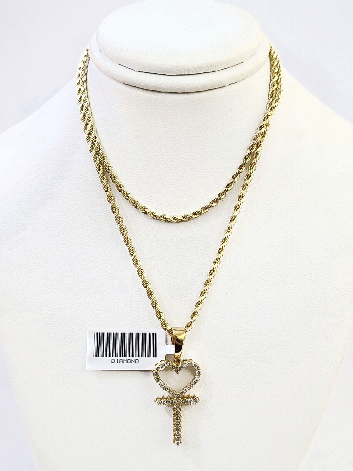 10k Gold Diamond Heart with Cross Pendent and 2.5mm 20 Inches Rope Chain