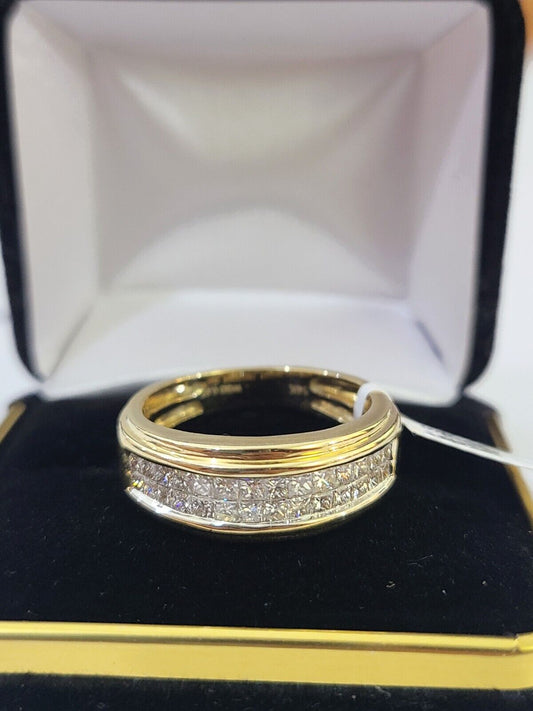 Real 14k Yellow Gold Diamond Mens Ring Two Row Band Wedding Genuine Natural