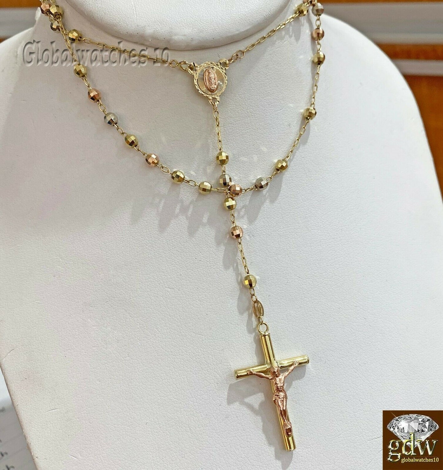 Real 10k Trio-Gold Jesus Crucifix Pendant Rosary Beads Necklace, Diamond Cuts